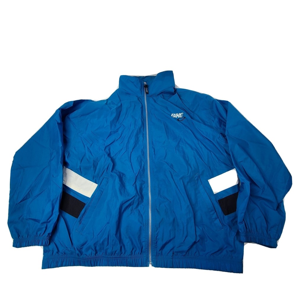 Bike Mens Size XL Vintage Windbreaker Nylon Jacket Blue Fold up hood full zip